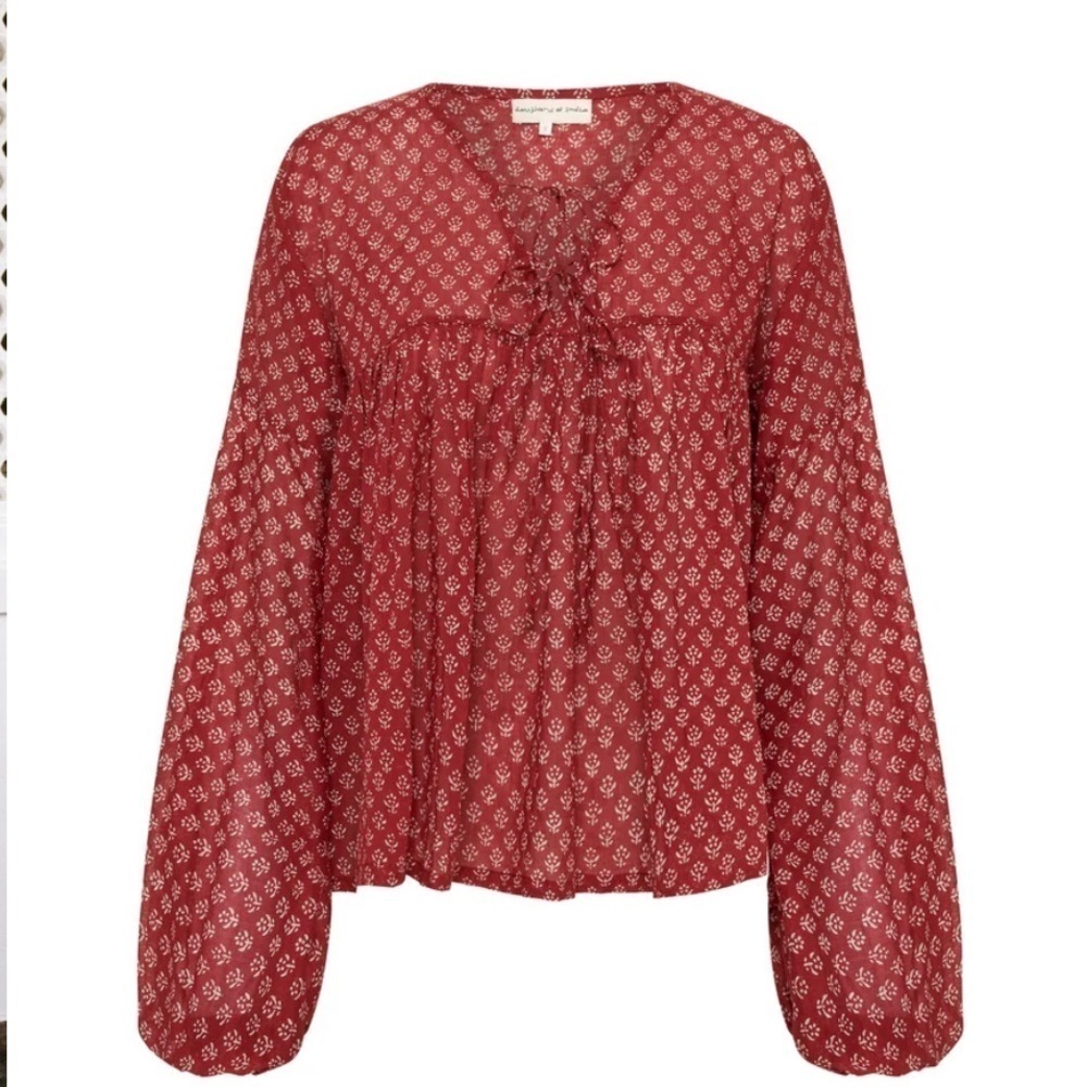 Daughters of India Burgundy Floral Billowy Peasant Blouse - Picture 3 of 13